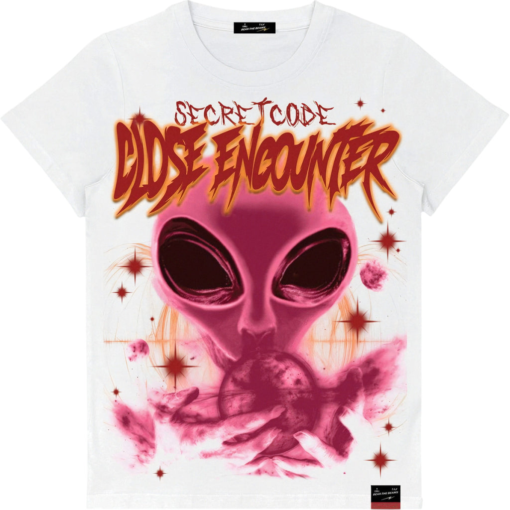 White t-shirt with pink alien graphic and 'Close Encounter' text on a white background