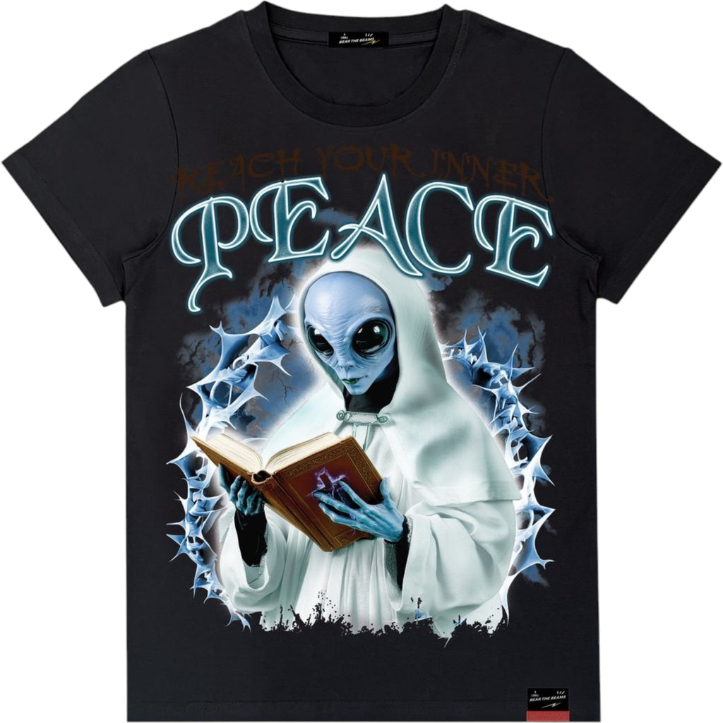 Black t-shirt with alien holding a book and 'Reach Your Inner Peace' text on a white background