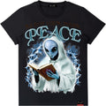 Black t-shirt with alien holding a book and 'Reach Your Inner Peace' text on a white background