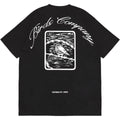 Black t-shirt with white graphic design and text on a white background