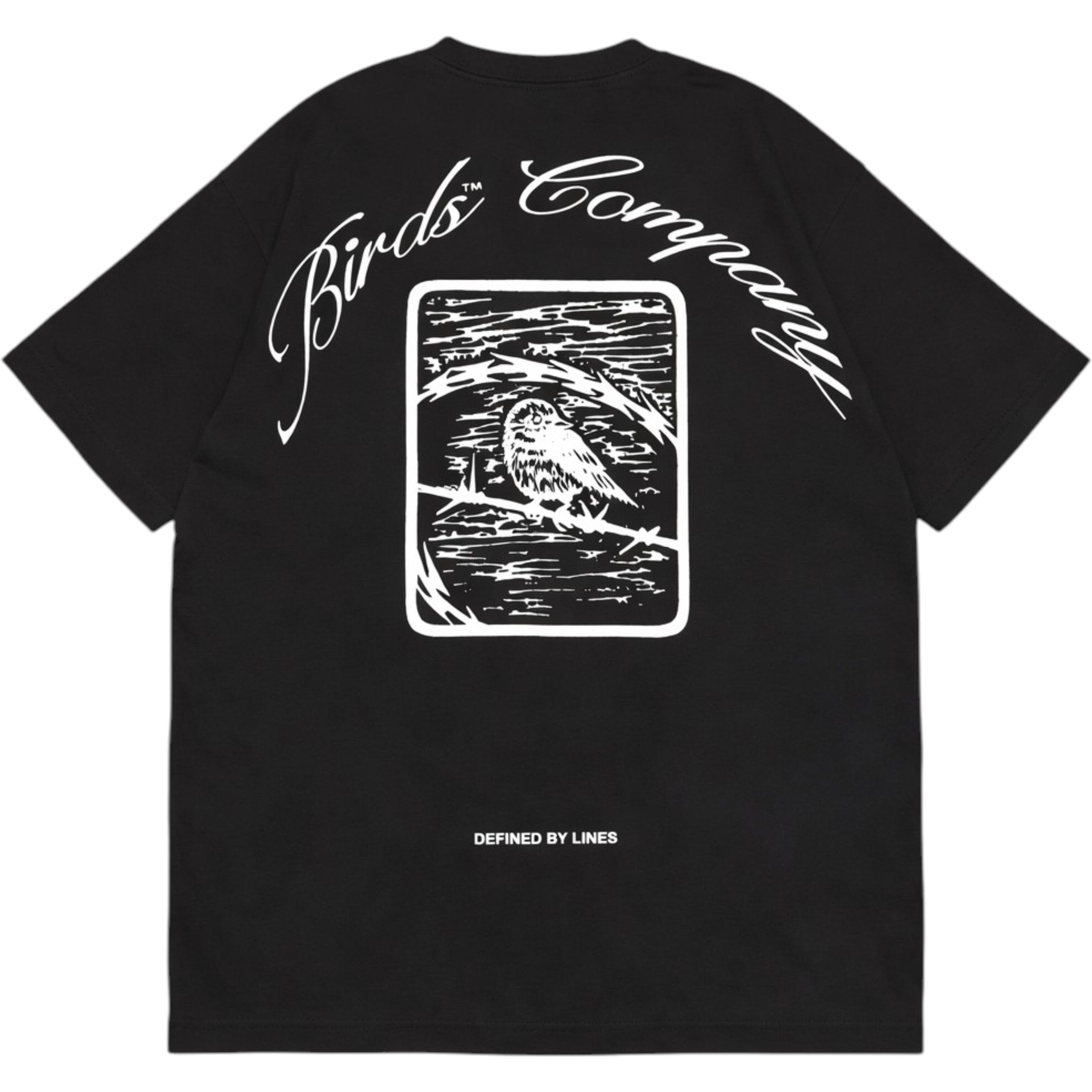 Black t-shirt with white graphic design and text on a white background