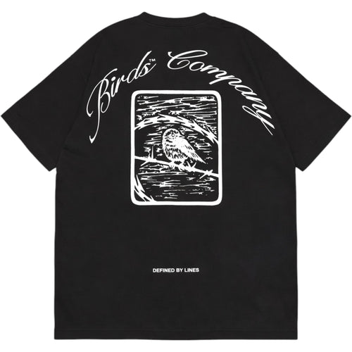Black t-shirt with white graphic design and text on a white background