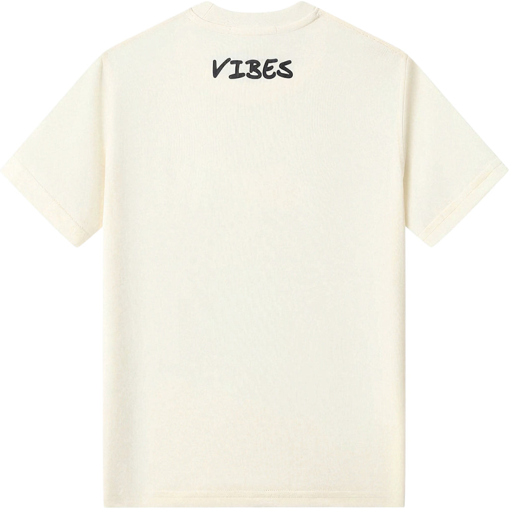 White t-shirt with 'VIBES' text on the back against a white background