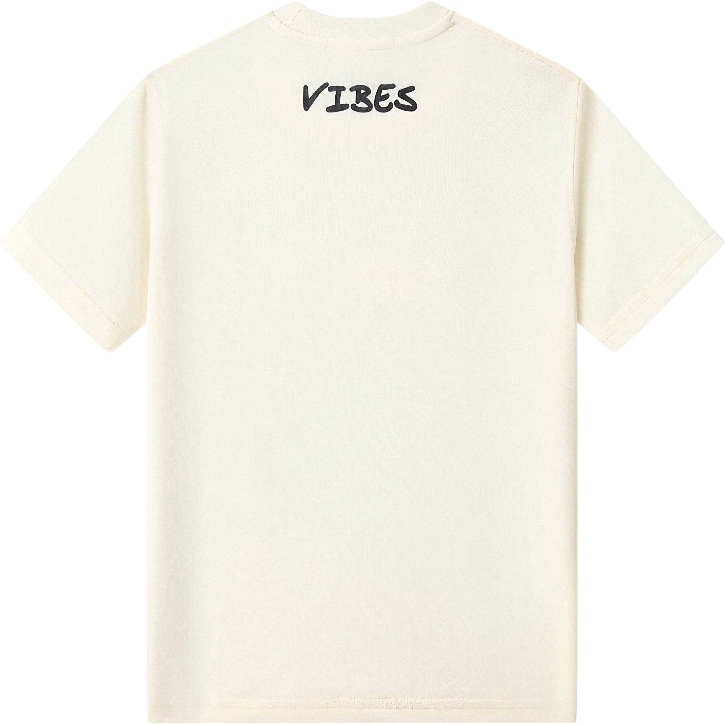 White t-shirt with 'VIBES' text on the back against a white background