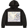 Black hoodie with dragon design and branding on a white background