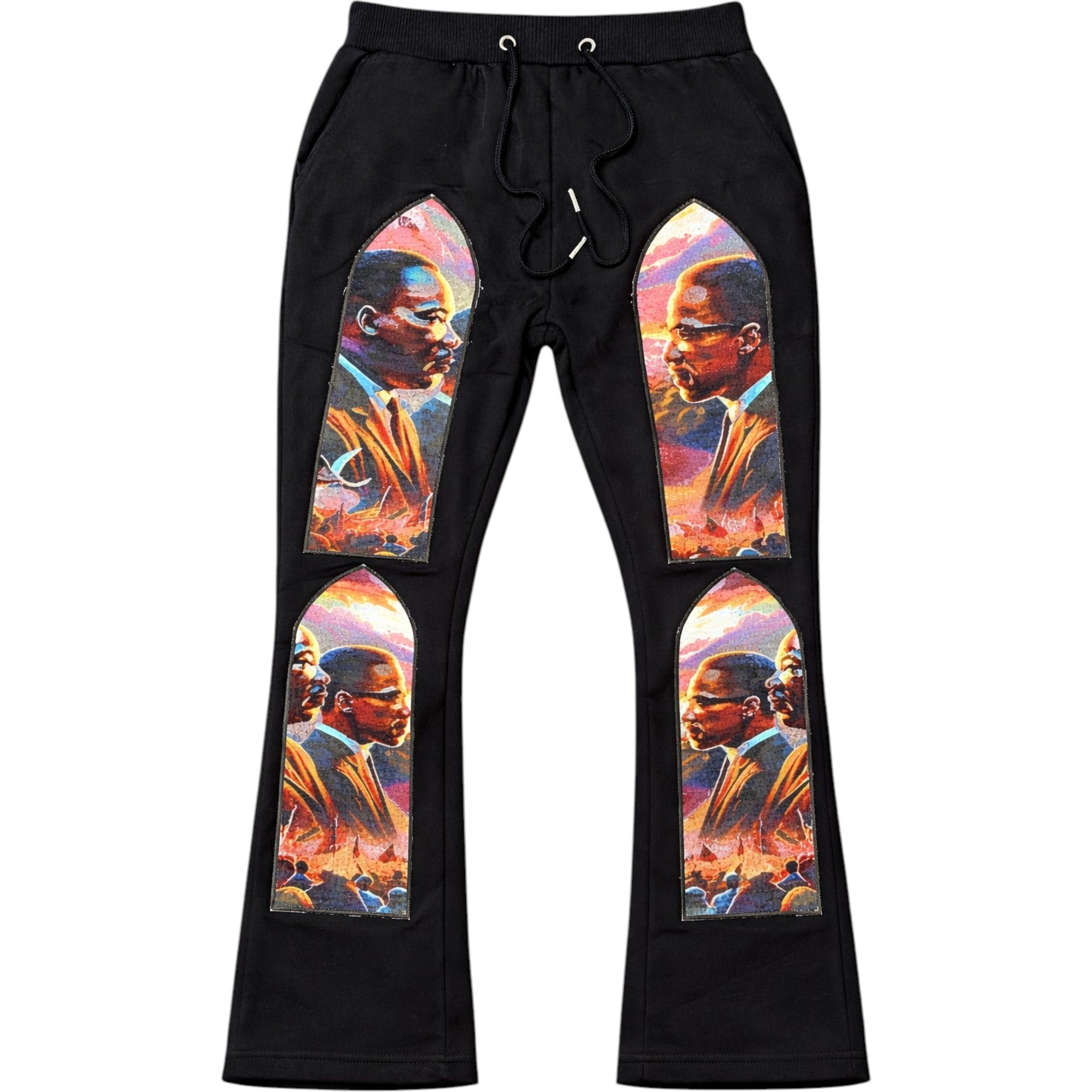 Black sweatpants with colorful graphic of a man on a white background