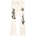 White pants with black and colorful graphics on a white background