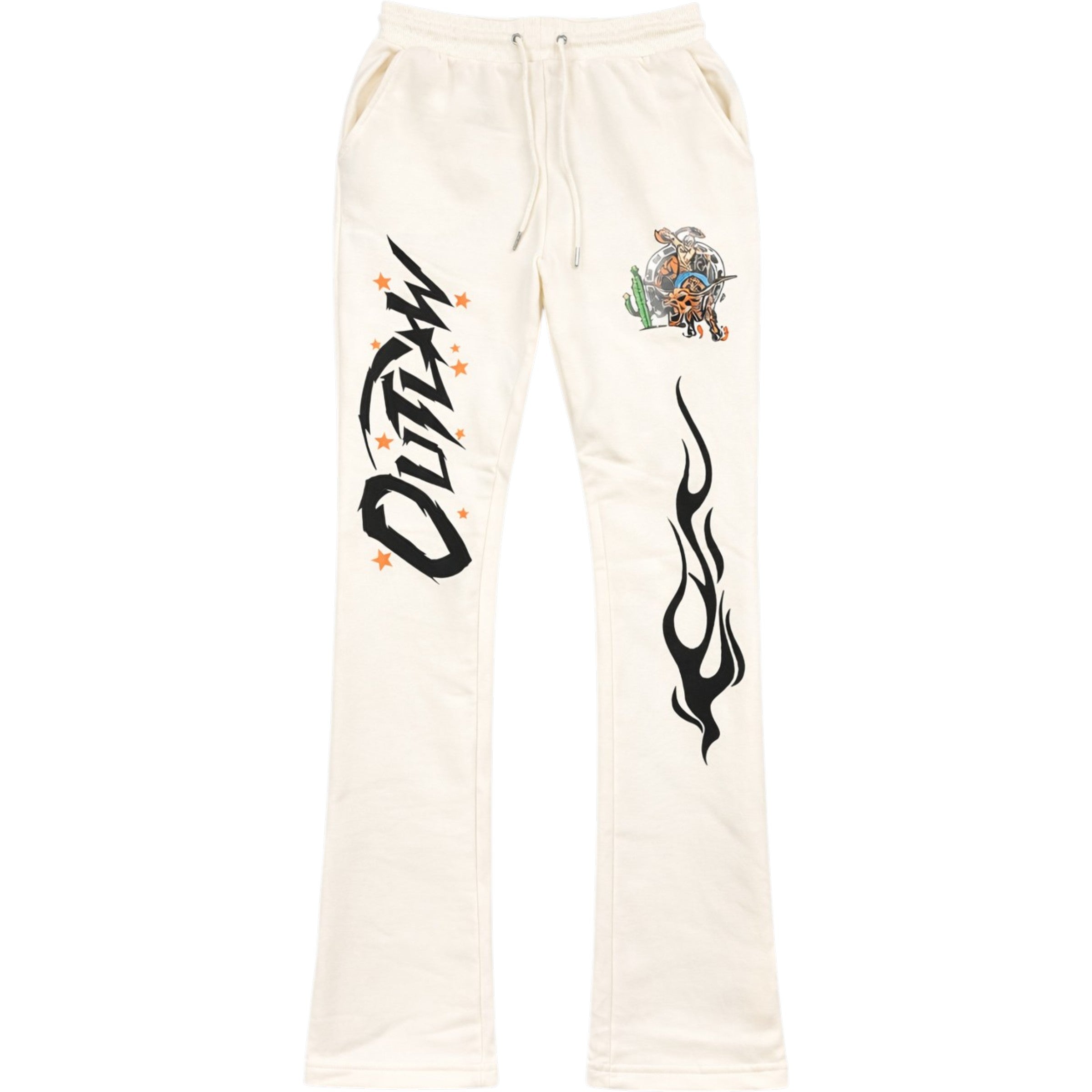 White pants with black and colorful graphics on a white background