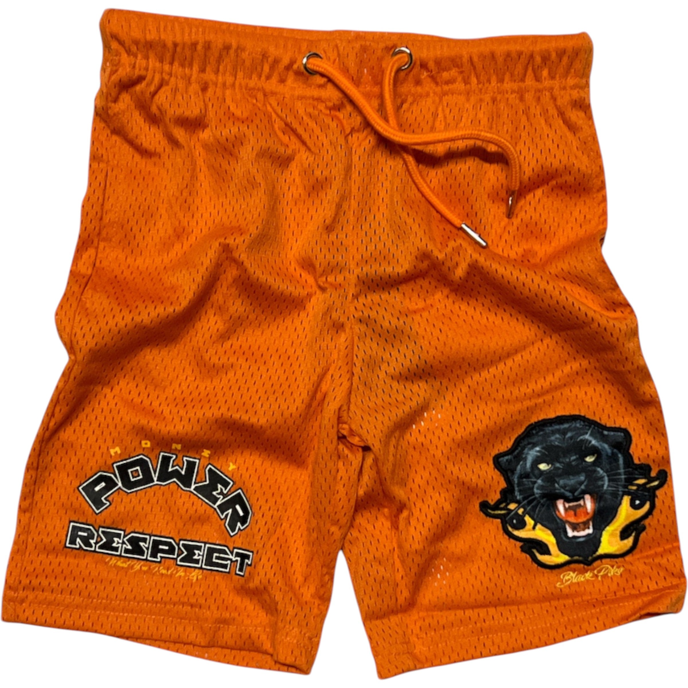 Orange shorts with a panther design and 'Power Respect' text on a white background kids shorts kids basketball shorts