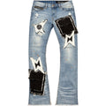 Blue jeans with star and patch designs on a white background C’est La Vie Pocket Stacked Flare Denim (Blue) – CV1010