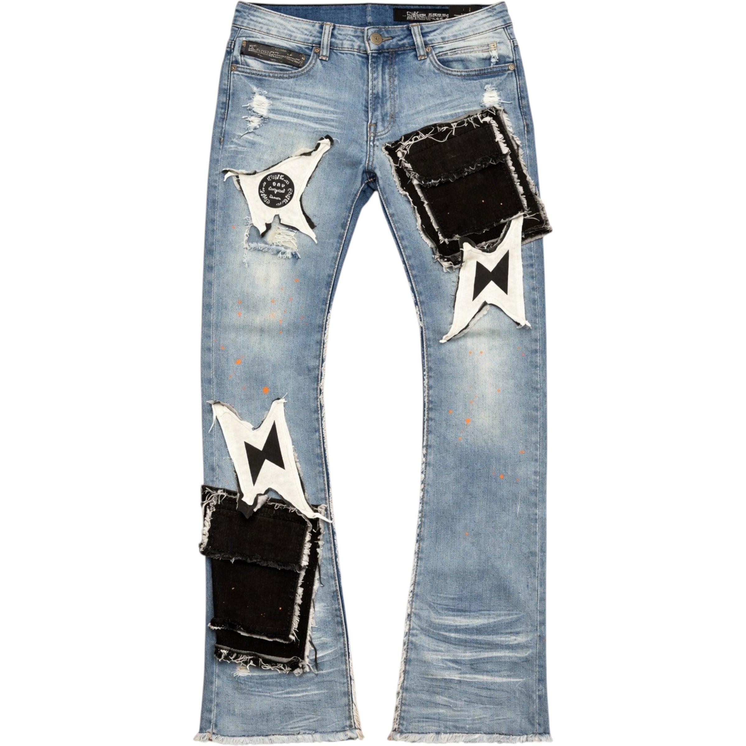 Blue jeans with star and patch designs on a white background C’est La Vie Pocket Stacked Flare Denim (Blue) – CV1010
