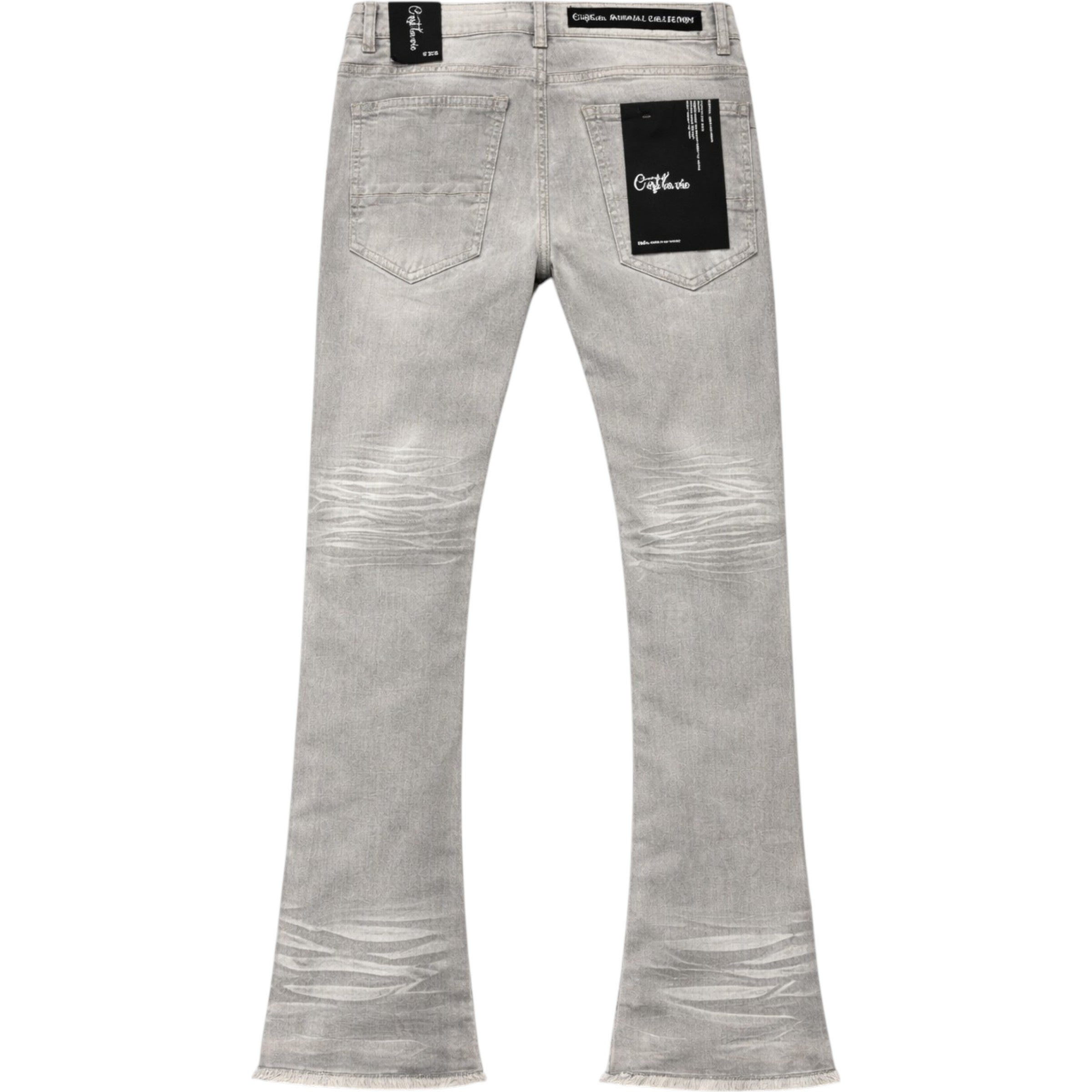 Gray jeans with brand labels on a white background