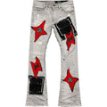 Distressed jeans with red star designs on a white background