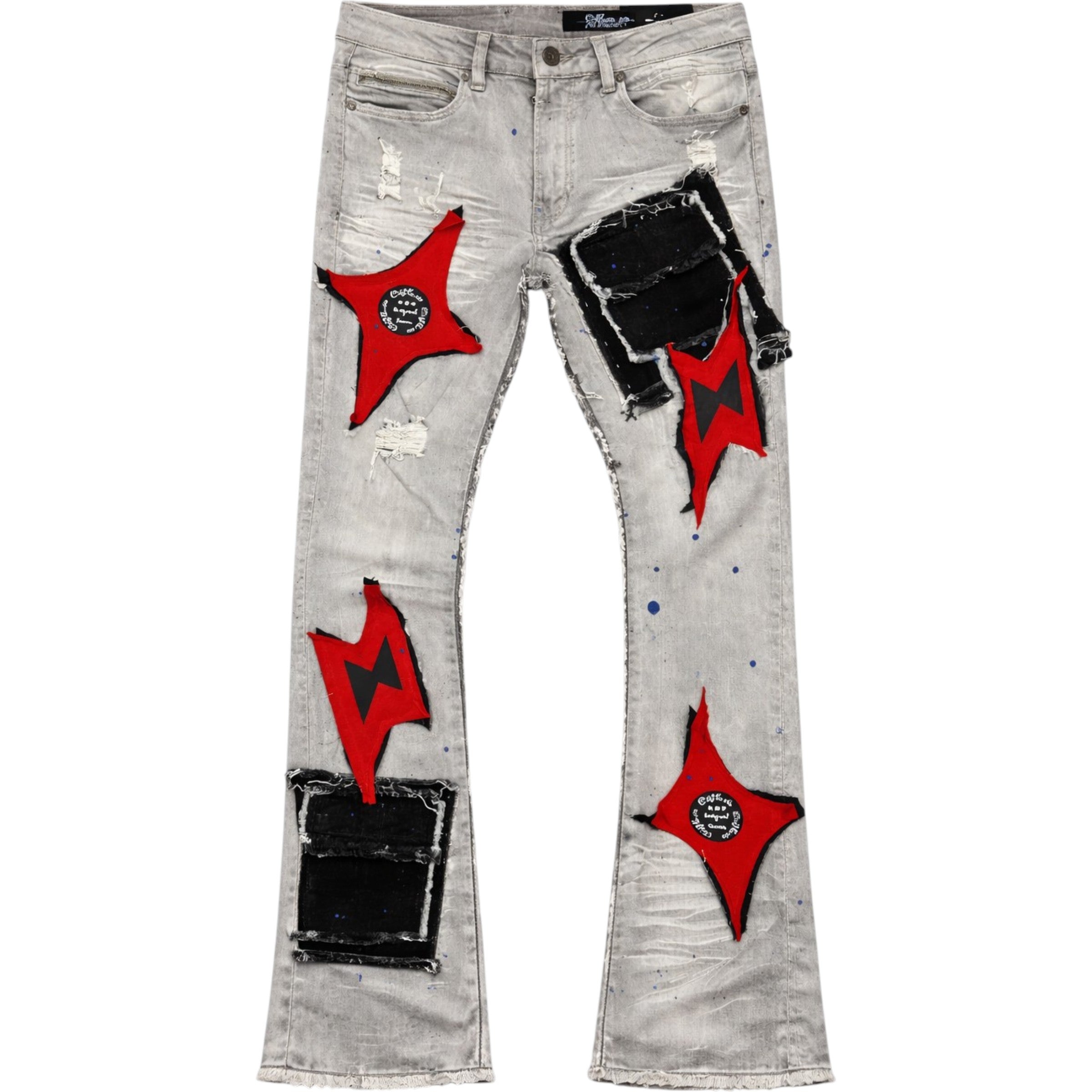 Distressed jeans with red star designs on a white background