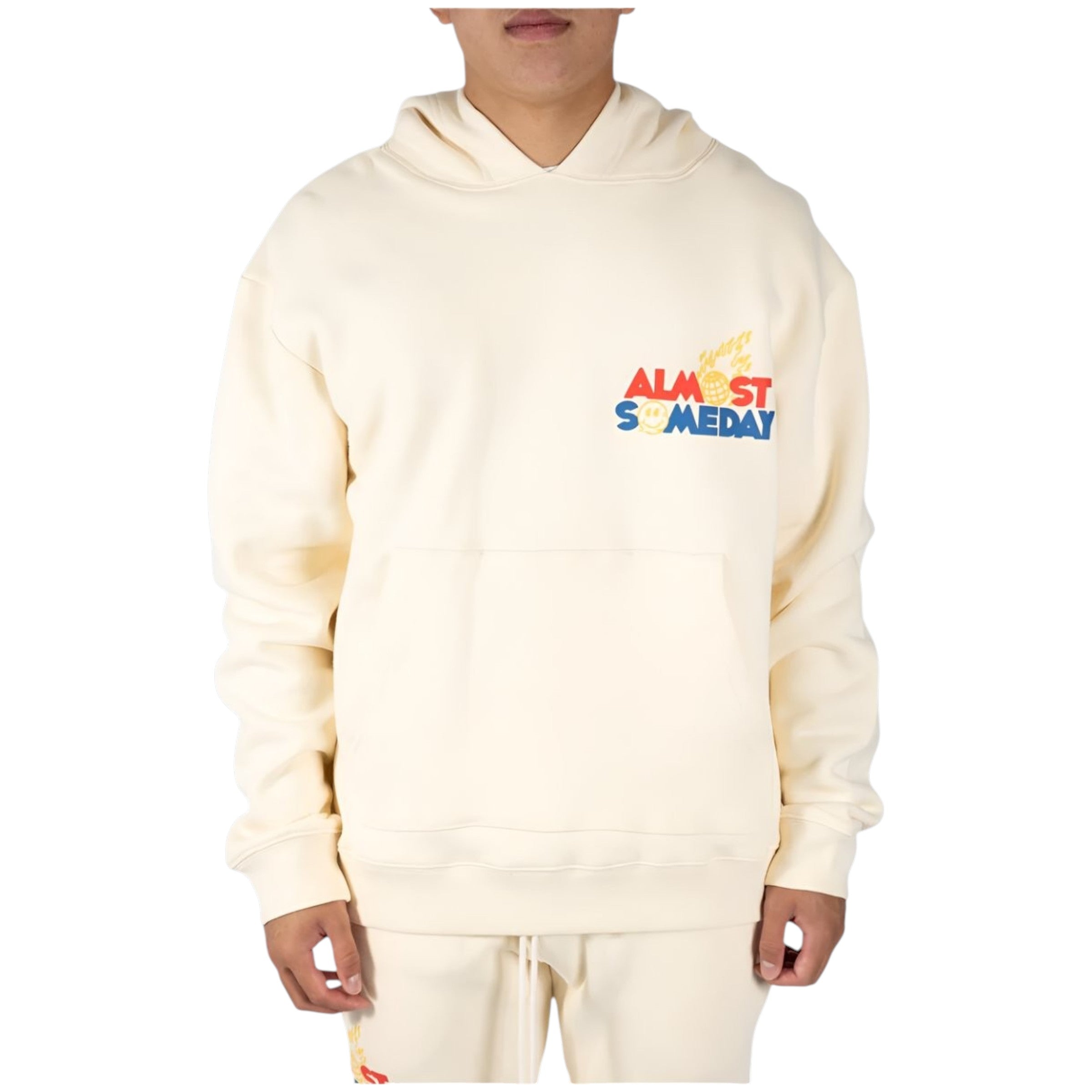 Person wearing a cream hoodie with 'Almost Someday' text on a white background
