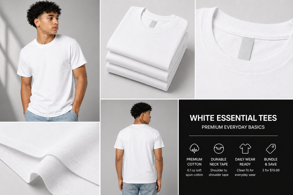 Men's White Tee Essential 100% Soft Spun Cotton
