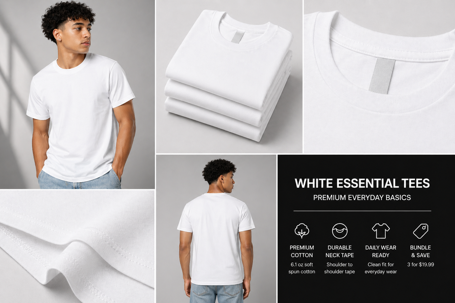 Men's White Tee Essential 100% Soft Spun Cotton