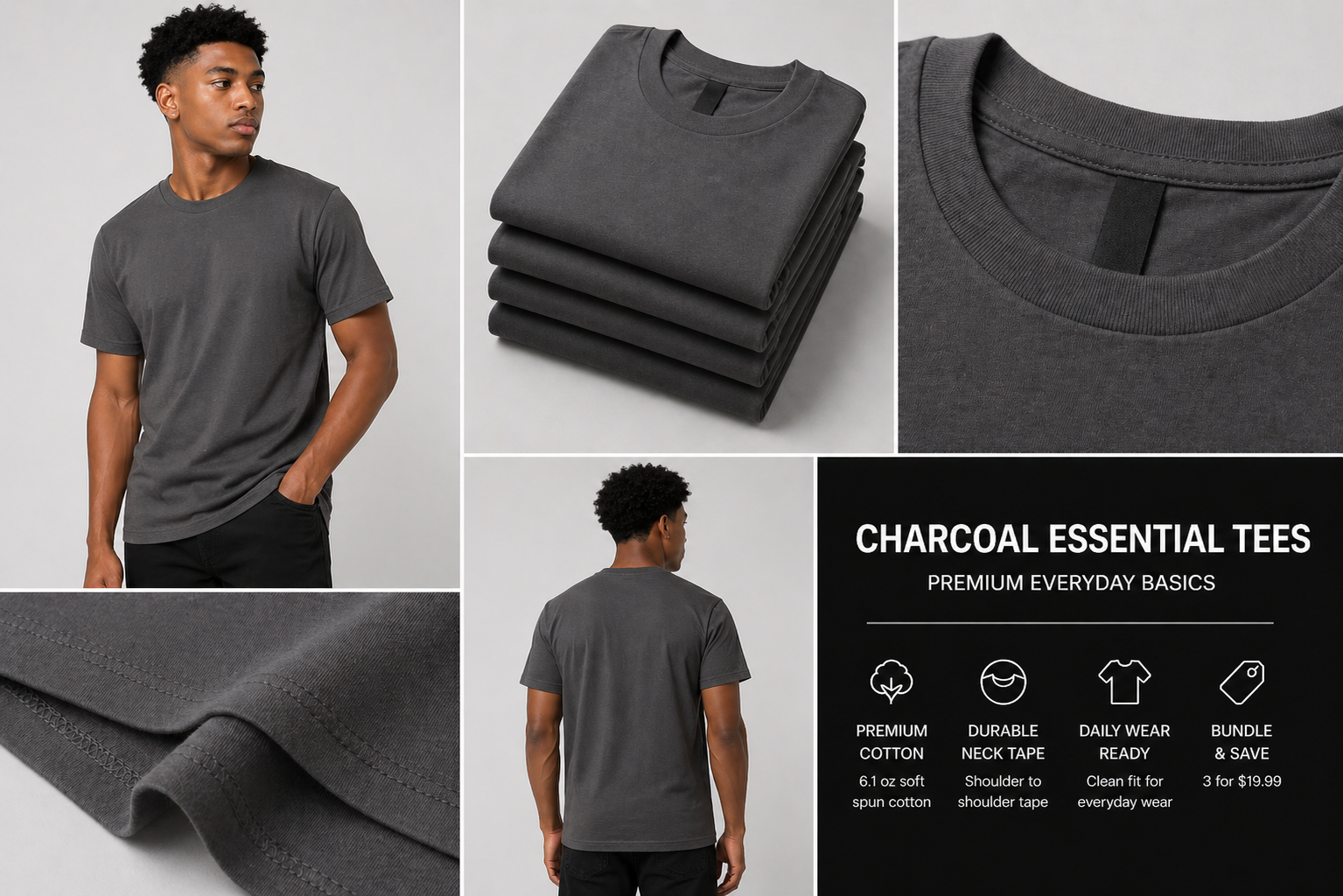 Men's Charcoal Tee Essential 100% Soft Spun Cotton