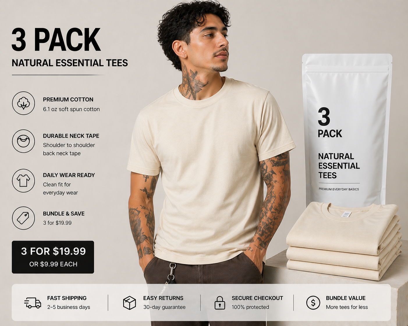 Men's Natural Tee Essential 100% Soft Spun Cotton