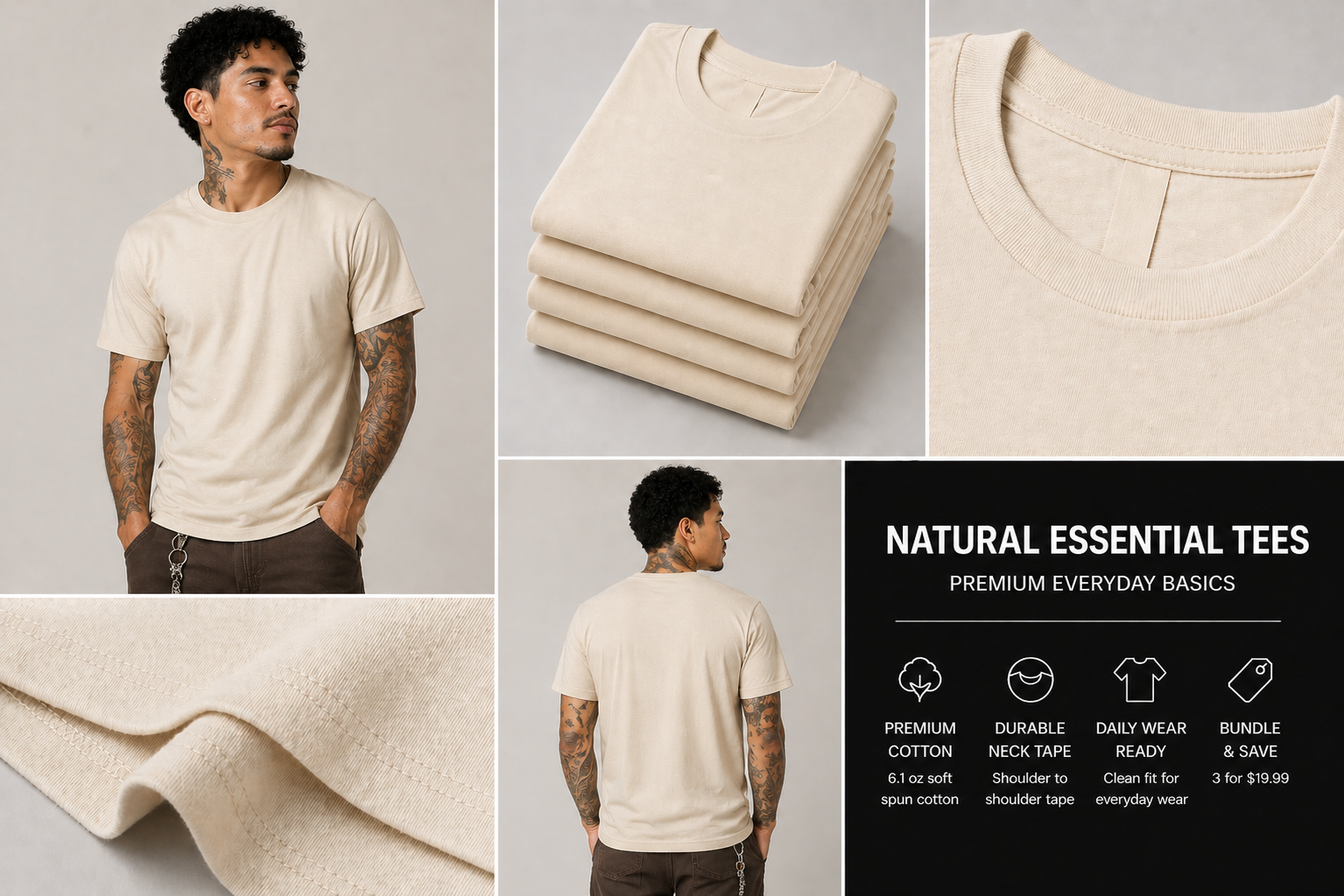 Men's Natural Tee Essential 100% Soft Spun Cotton