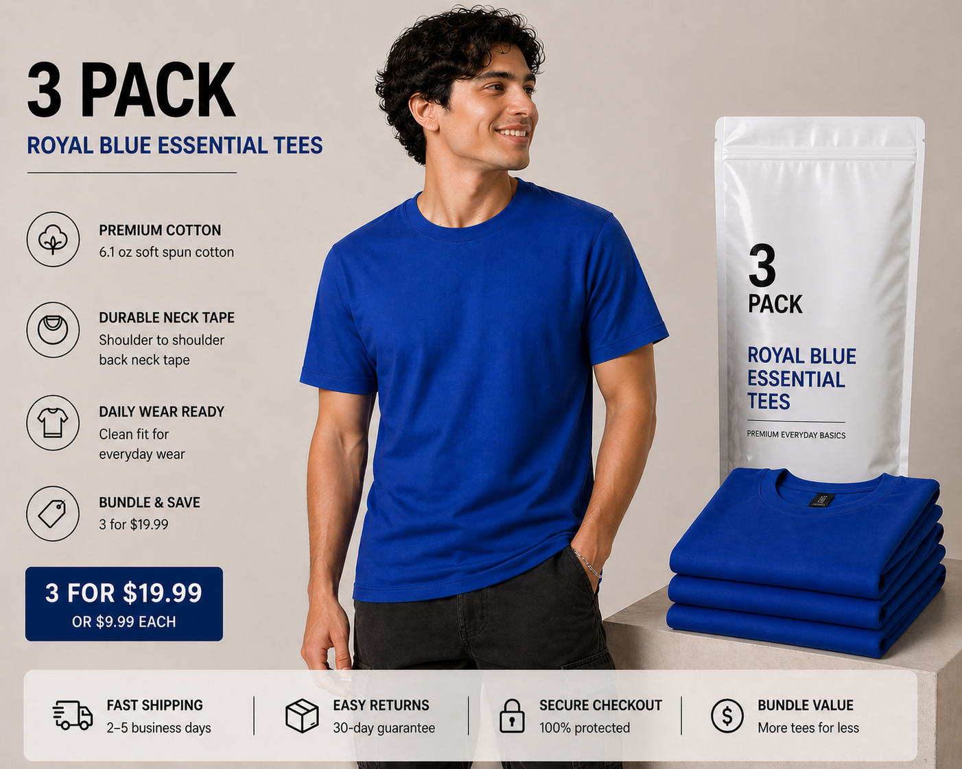 Men's Royal Blue Tee Essential 100% Soft Spun Cotton