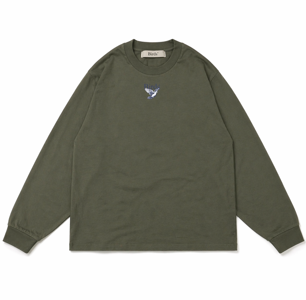 Premium Oversized Long Sleeve Dove Sketch T-Shirt in Olive