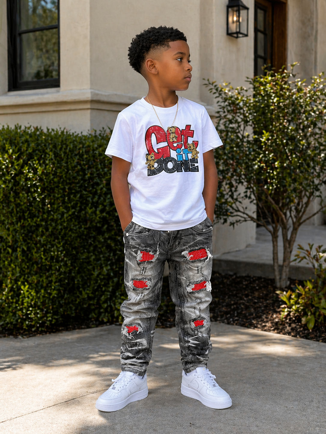 Kids Slim Fit Crystal Distressed Denim In Washed Black And Red