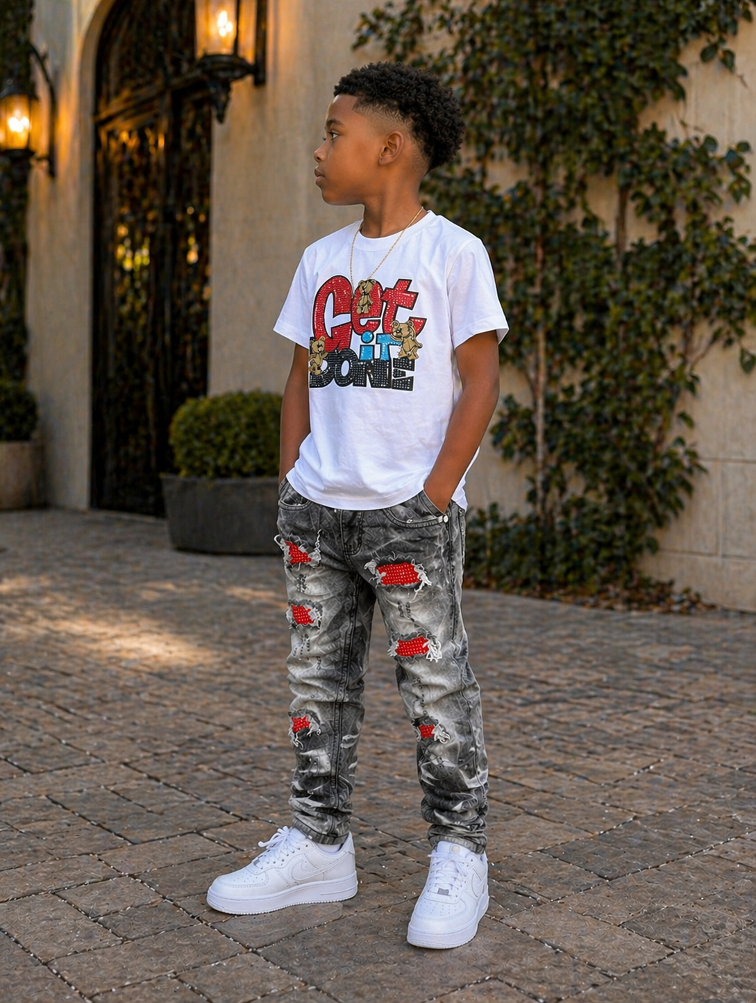 Kids Get It Done Bear Rhinestone Tee In White