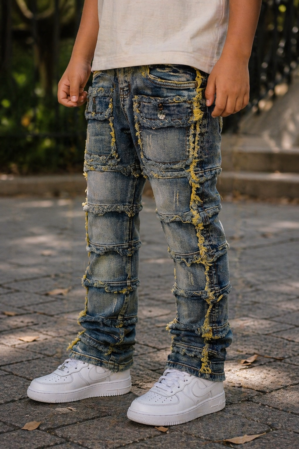 Kids Patchwork Stacked Denim In Light Tint