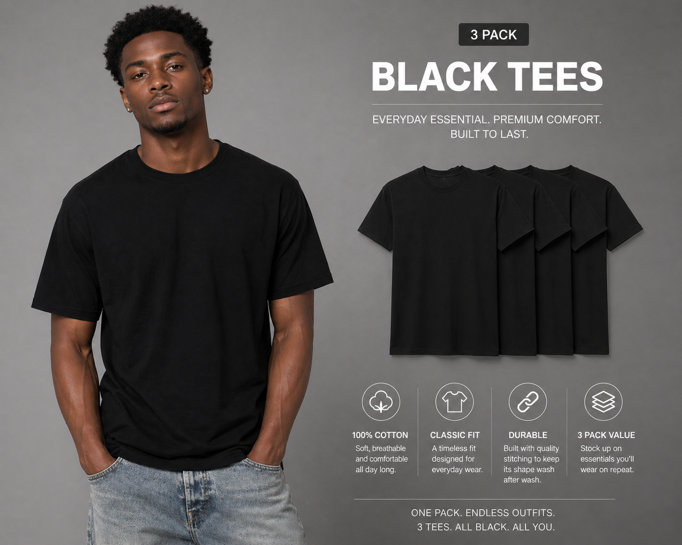 Men's Black Tee Essential 100% Soft Spun Cotton