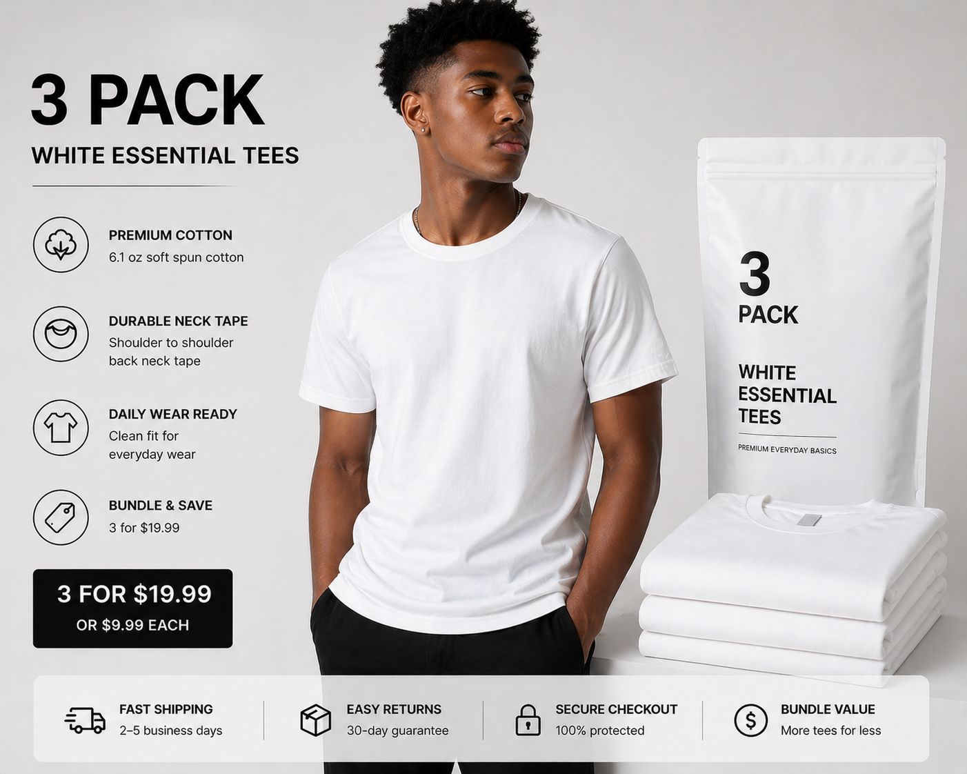 Men's White Tee Essential 100% Soft Spun Cotton
