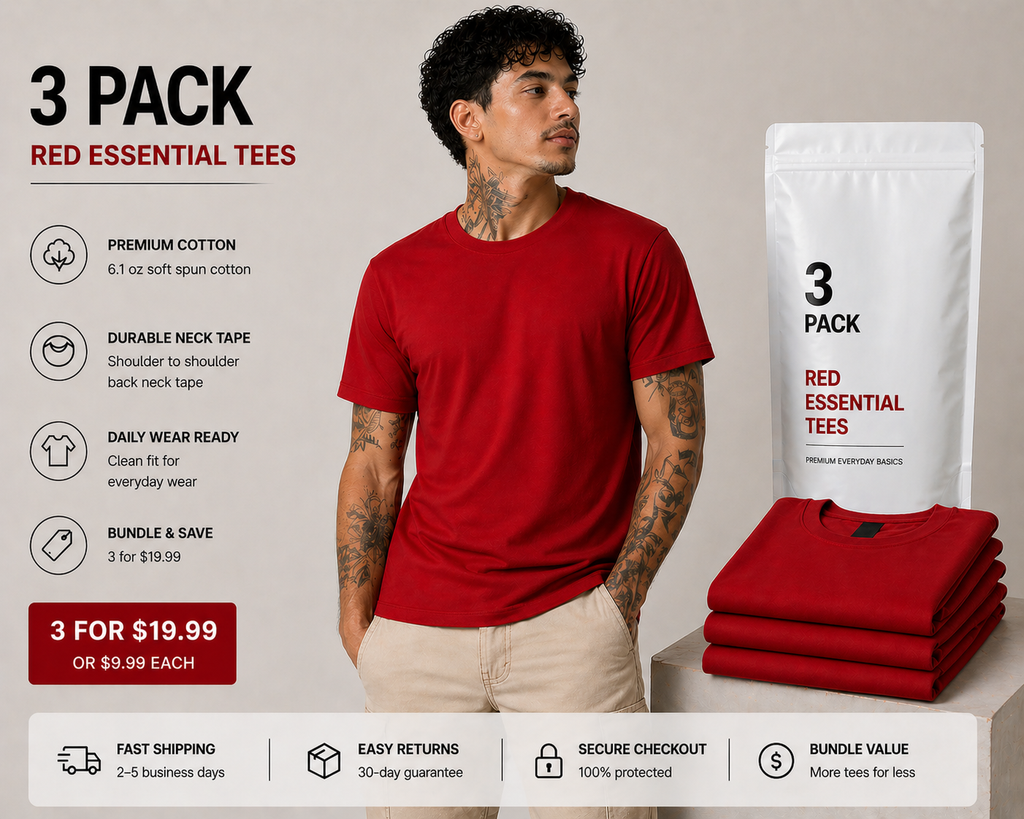 Men's Red Tee Essential 100% Soft Spun Cotton