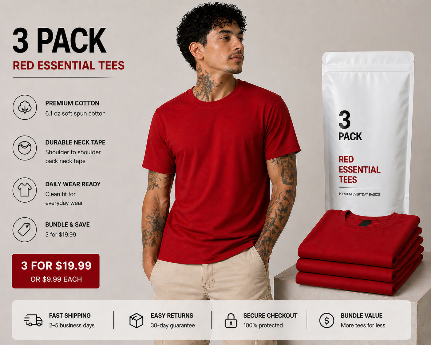Men's Red Tee Essential 100% Soft Spun Cotton