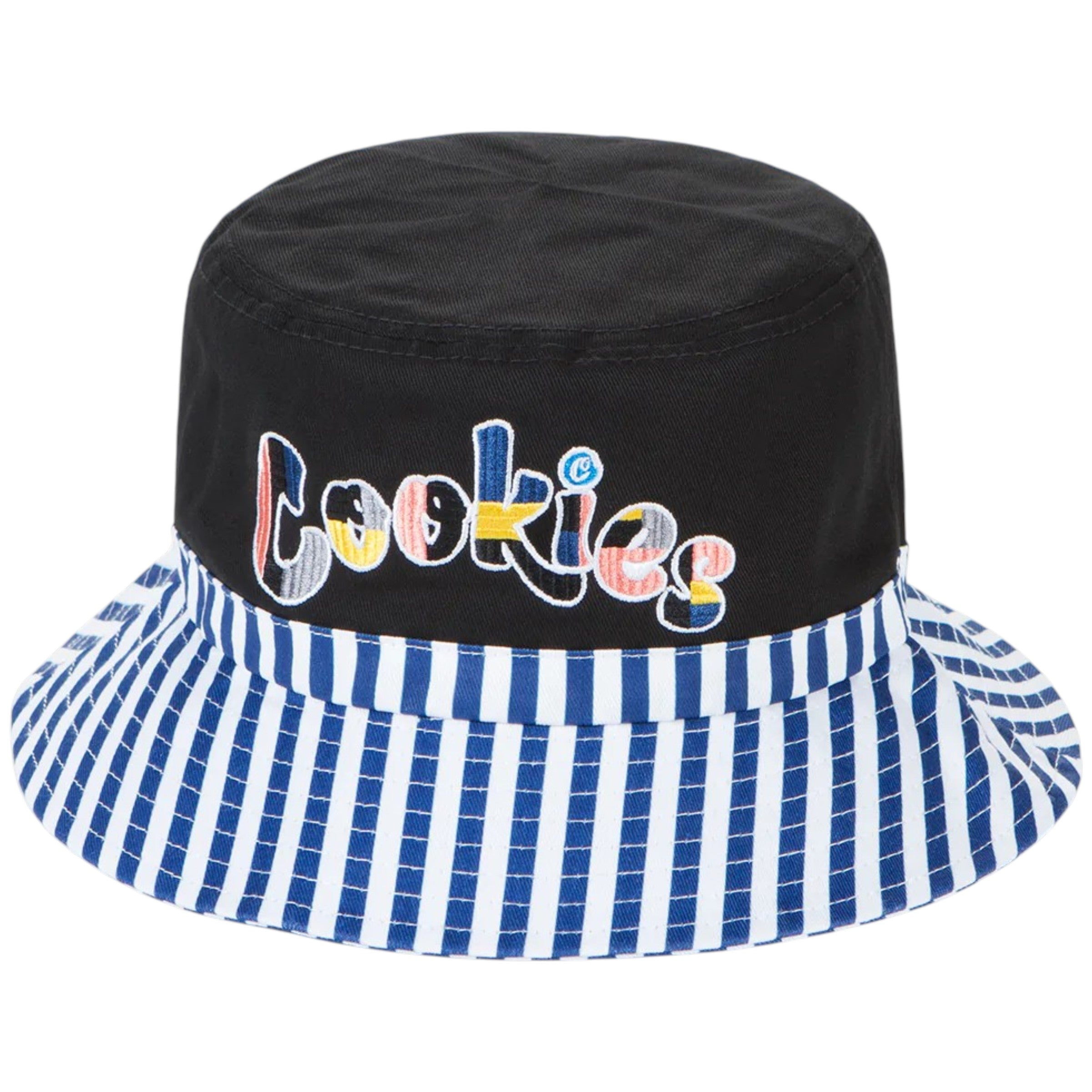Black bucket hat with colorful 'Cookies' text and blue and white striped brim on a white background
