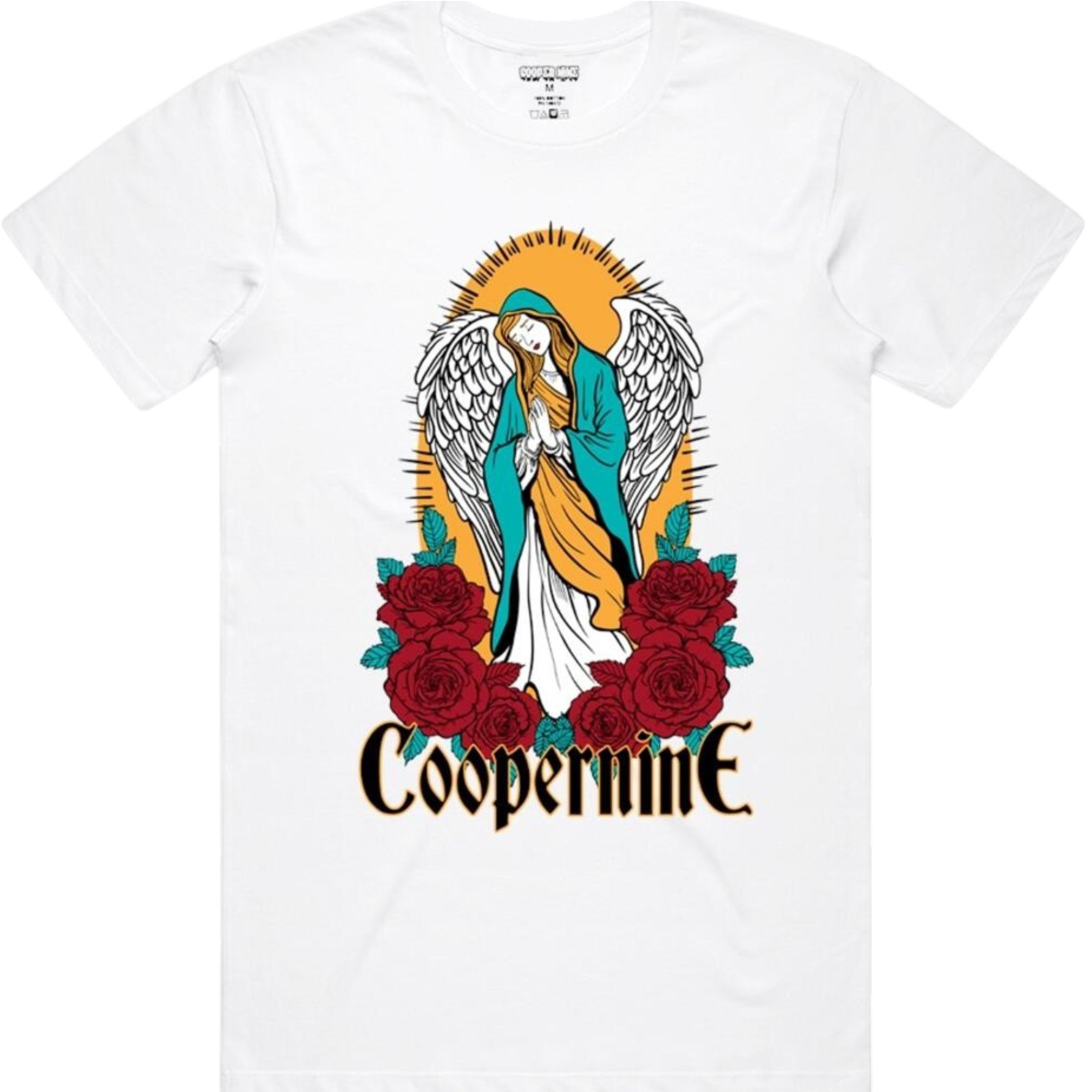 White t-shirt with an angel and roses design and 'Coopermine' branding.