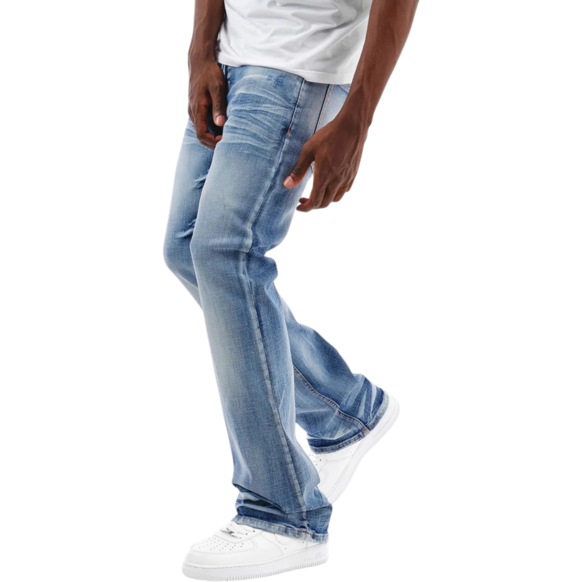 Person wearing light blue jeans and white sneakers on a white Copper Rivet 'Cross Hatch' Flare Denim (DSB) 533017background