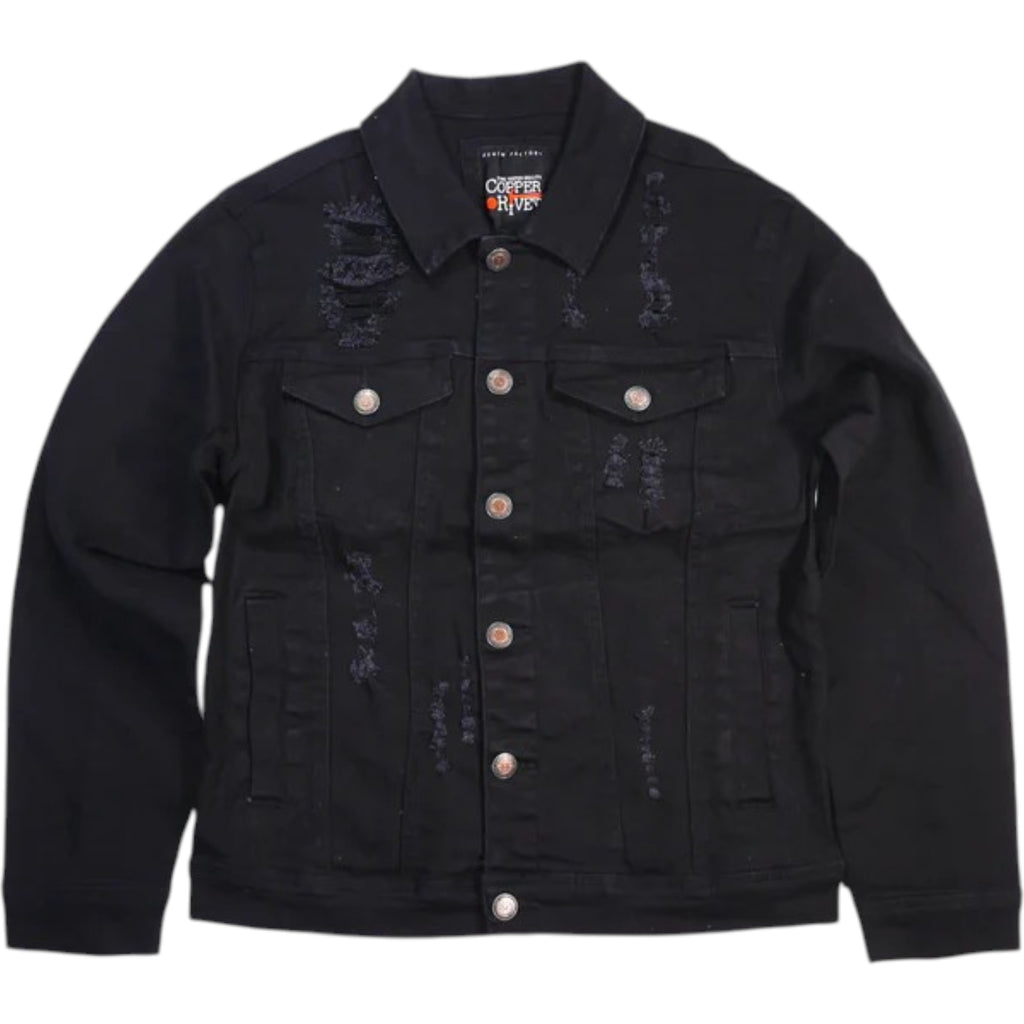 Black denim jacket with visible branding on a white background