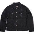 Black denim jacket with visible branding on a white background