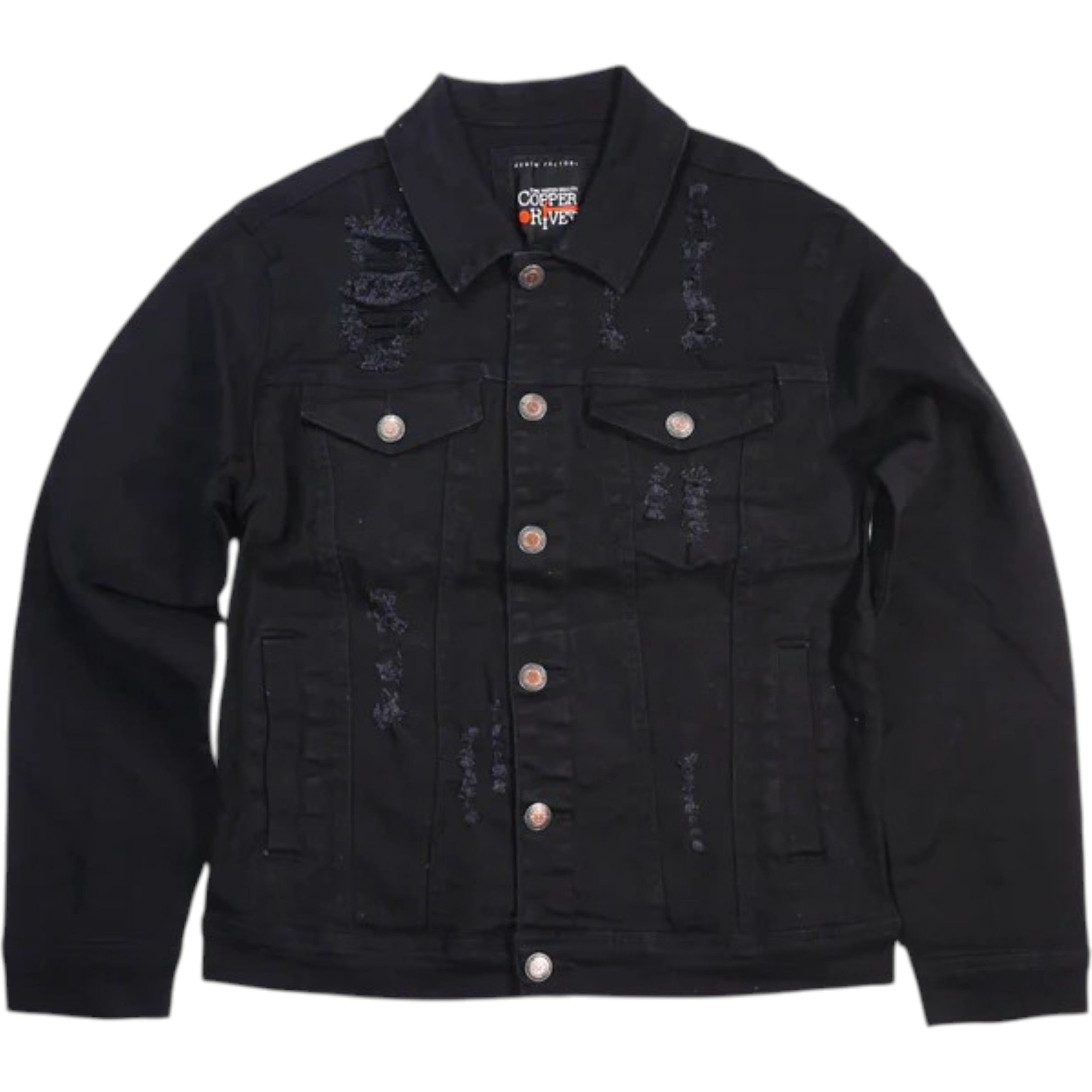 Black denim jacket with visible branding on a white background