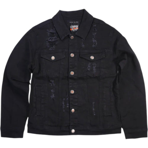 Black denim jacket with visible branding on a white background