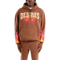 Brown hoodie with 'DESIRES' text and flames on a white background