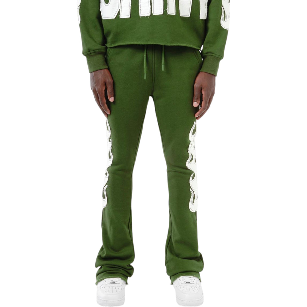Copper Rivet Flame Stacked Sweat Pants (Olive) 511536