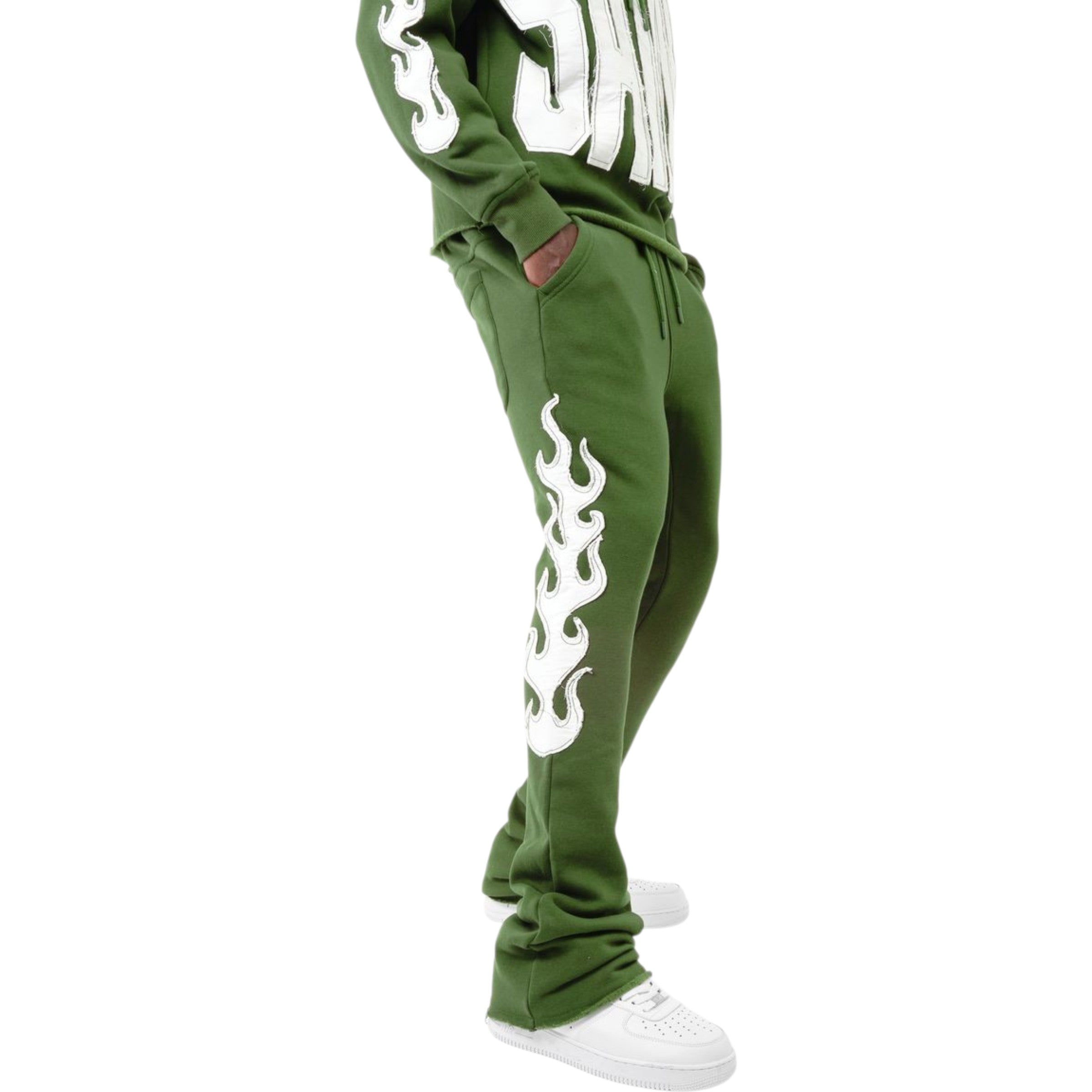 Green tracksuit with white flame designs on a white background