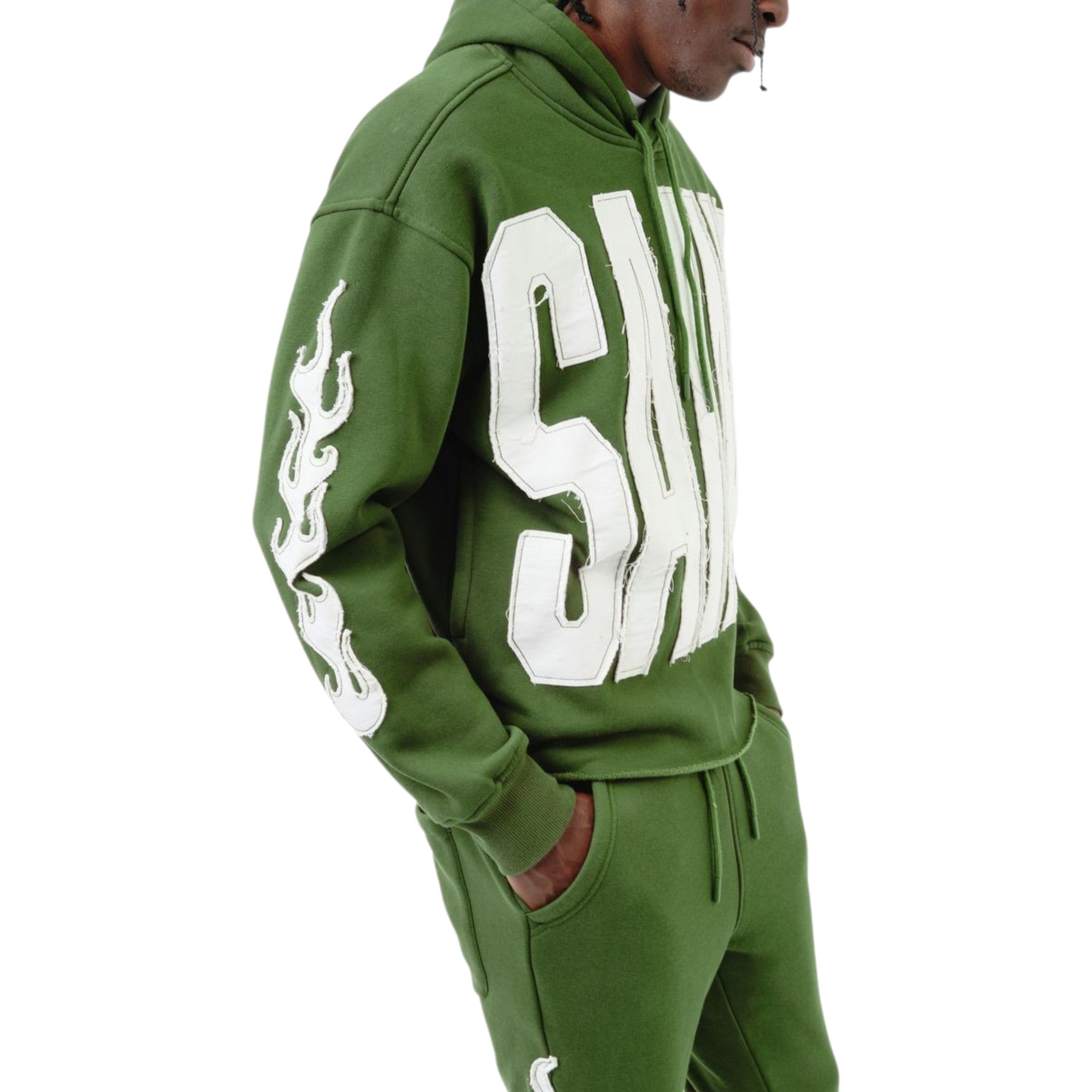 Green hoodie with white text and flames on a white background 
Copper Rivet Saint Cropped Hoodie (Olive) 531082