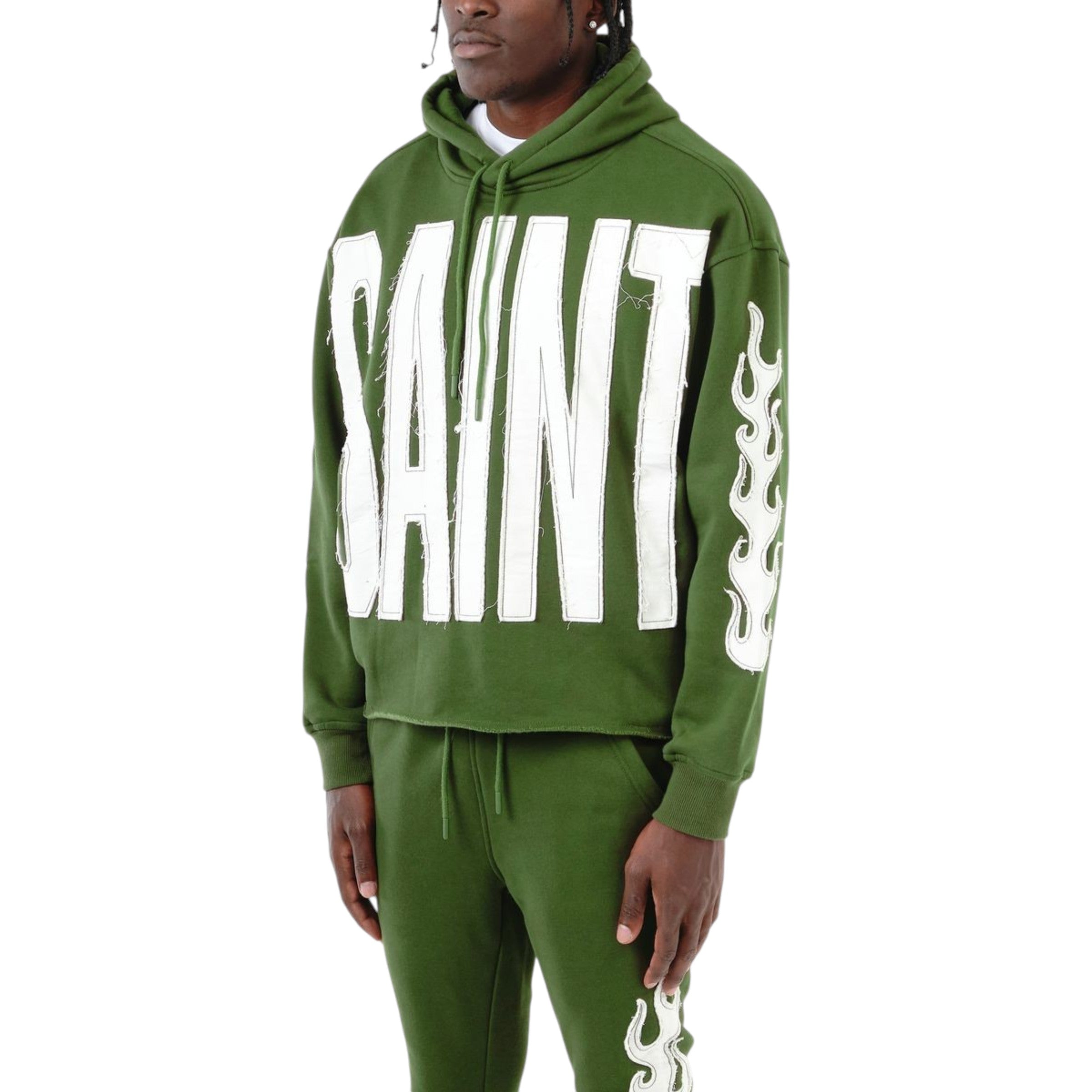 Green hoodie with 'SAINT' branding on a white background