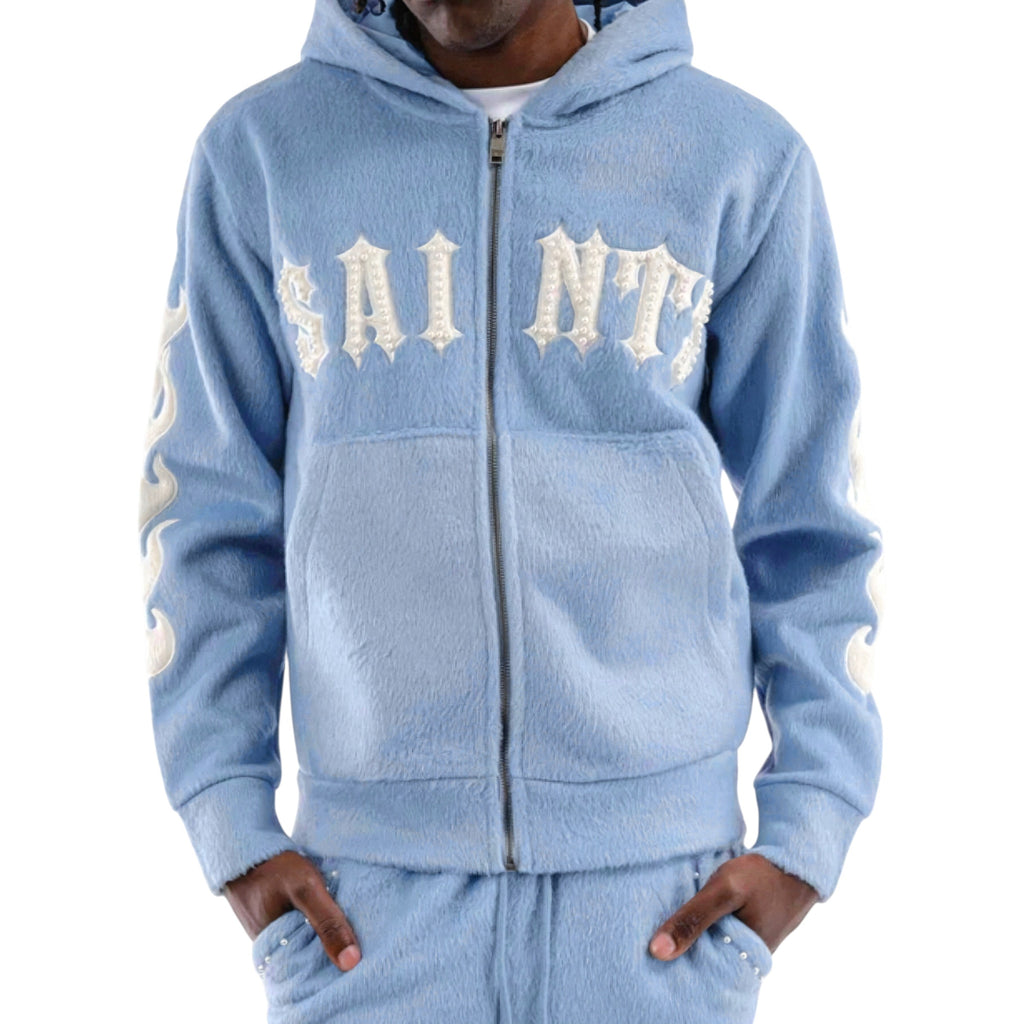 Light blue hoodie with 'SAINT' branding on a white background