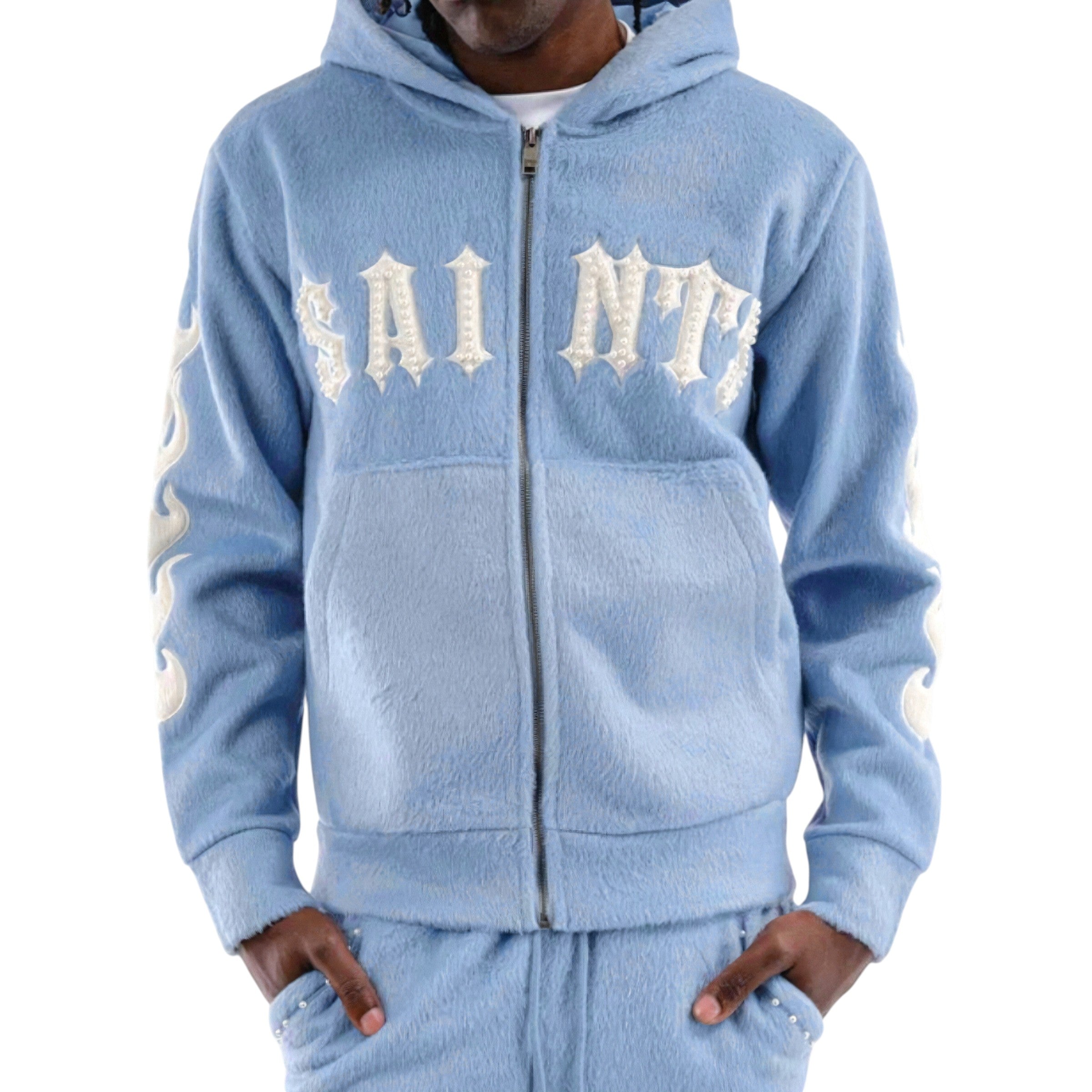 Light blue hoodie with 'SAINT' branding on a white background