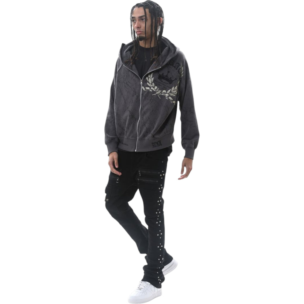 Person wearing a gray hoodie and black pants with white shoes on a white background DARKAGES 'Loyalty' Zip Up Hoodie (Dk.Grey) DA7014-DGY
