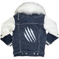 Denim jacket with white fur hood and paw prints on a white background