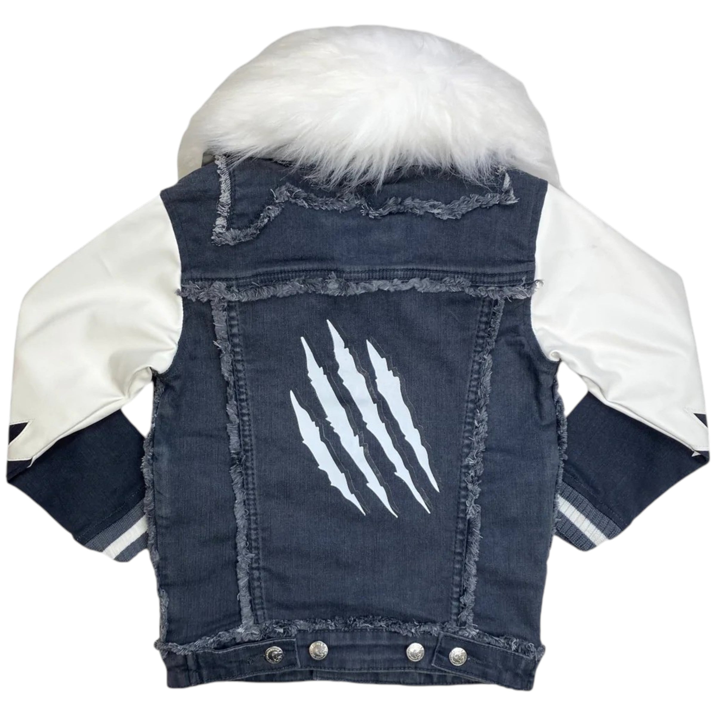 Denim jacket with white fur hood and paw prints on a white background